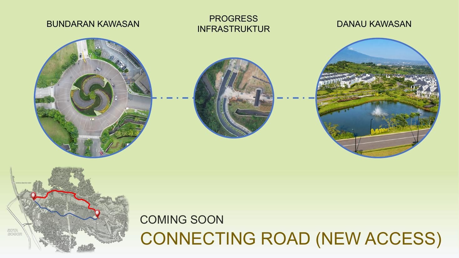 Bundaran kawasan, progress infrastruktur, danau kawasan, connecting road